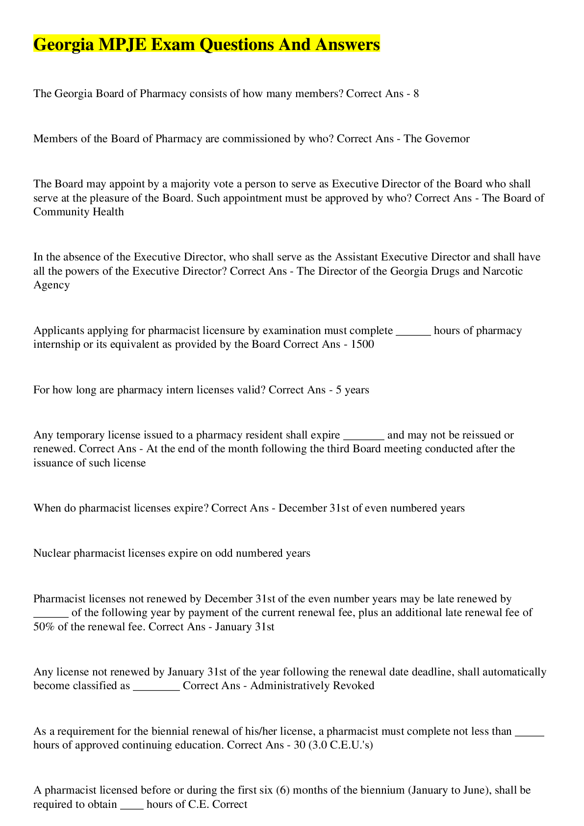 MPJE Exam Questions And Answers Browsegrades